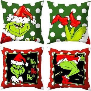 Set of 4 Christmas‎ Pillow Covers, 18x18 Merry Grin-chmas Farmhouse Decor